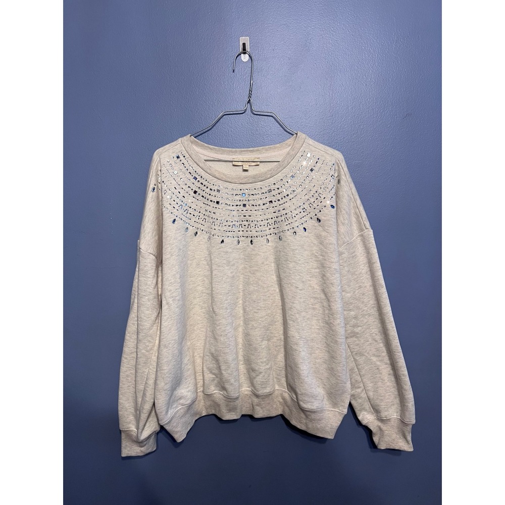 Women's Farmers Market Embellished Fairisle Sweater Light Gray SZ LG Rhinestones